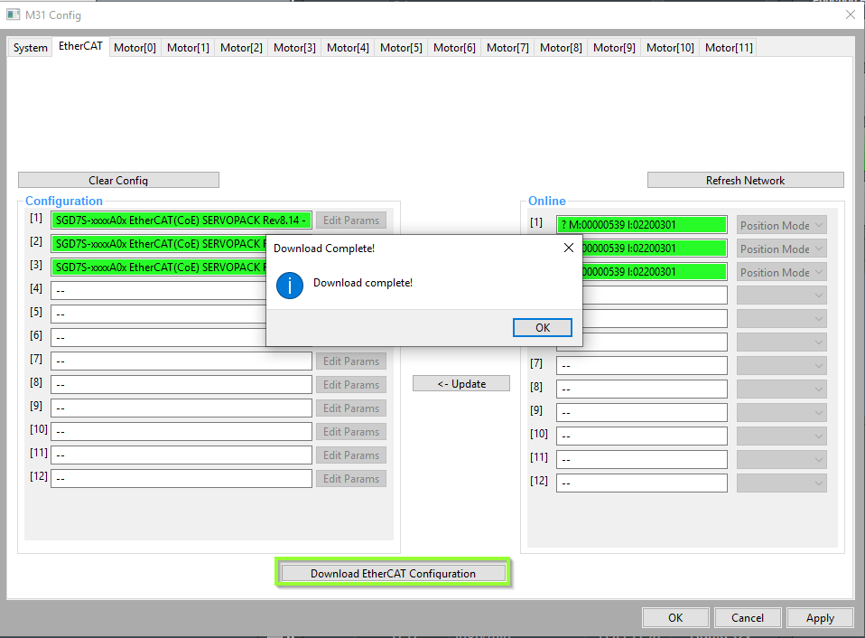 EtherCAT configuration downloaded