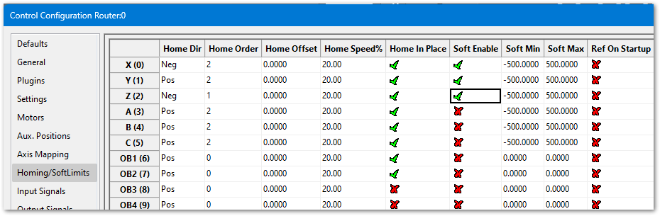 Homing/SoftLimits tab